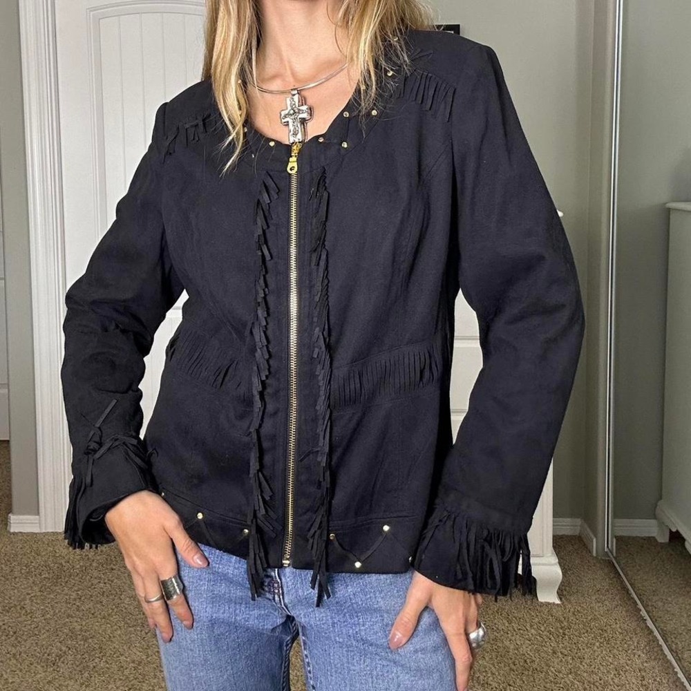 Black faux suede fringe jacket